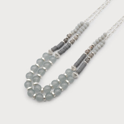 2 Row Necklace with Polymer Clay ,Glass and Metal Beads -Silver & Grey