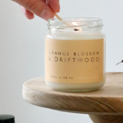 orange blossom and driftwood soy candle
