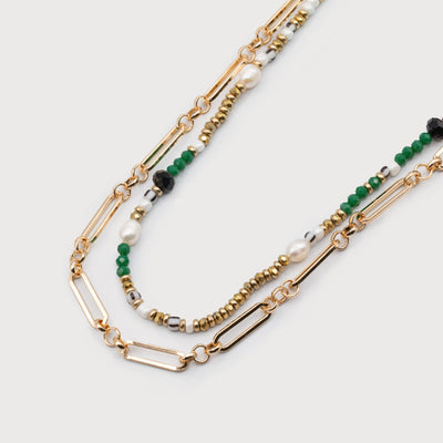 Double Chain Necklace - Green/ Gold