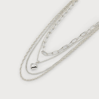 Chain Necklace with 4 Rows and Heart Pendant -Silver