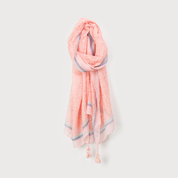 Lightweight Printed Scarf With Tassels - Pink
