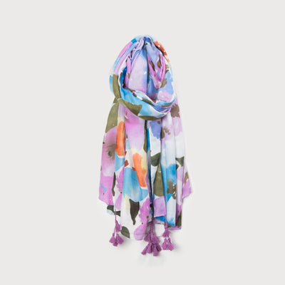 Floral Fashion Scarf With Tassels - Purple
