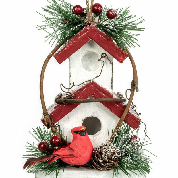 Red/White Wood Hanging Two-Story Birdhouse Ornament