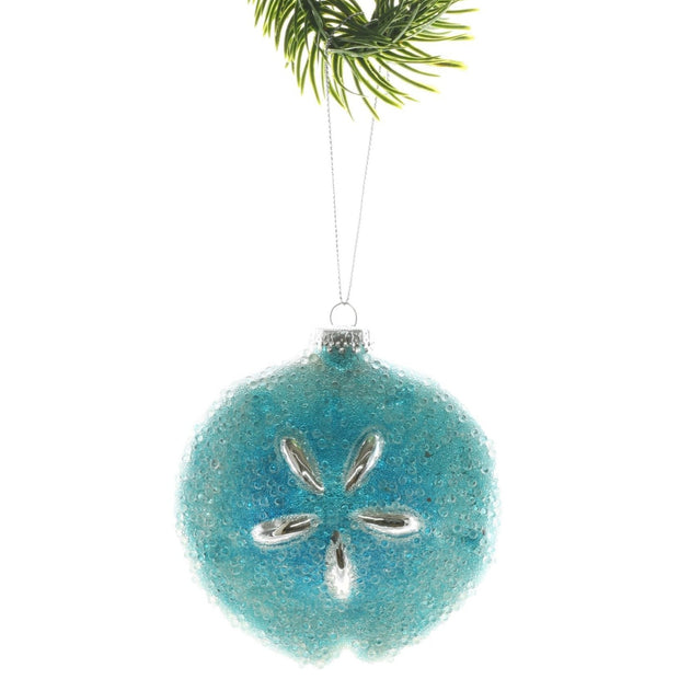 Aqua Glass Hanging Glittered Sand Dollar Ornament