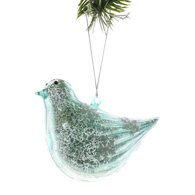 Aqua Glass Hanging Bird Ornament with Snowflakes Pattern