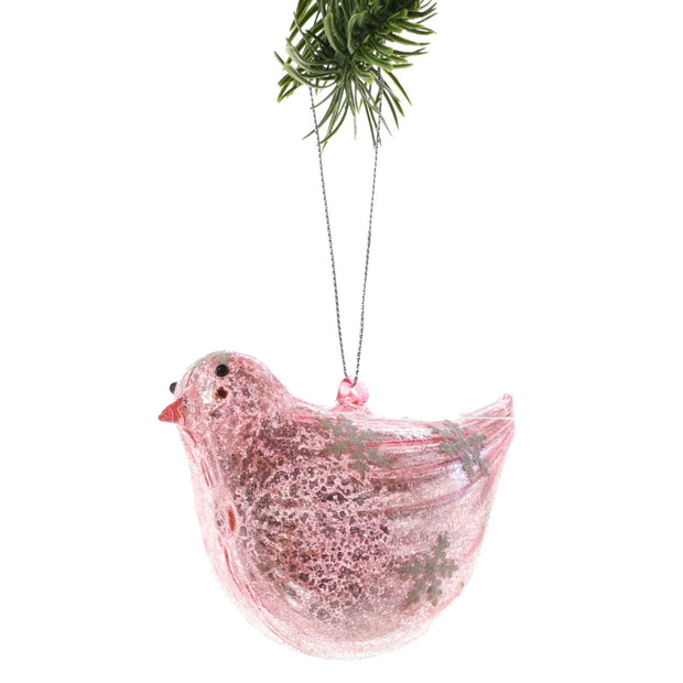 Pink Glass Hanging Bird Ornament with Snowflakes Pattern