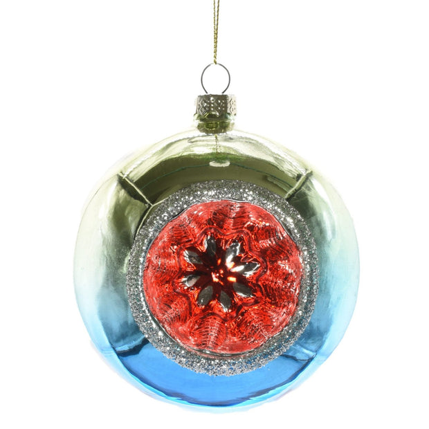 Blue/Gold Glass Hanging Ball Ornament with Red and Silver Reflector
