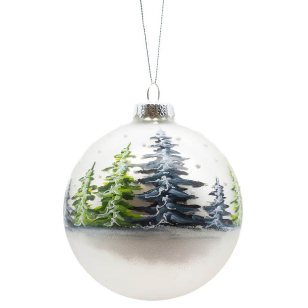 Glass Ornament Silver with Painted Snowy Tree Field