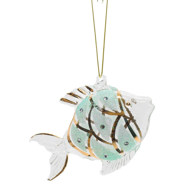 Clear/Teal Glass Hanging Fish Ornament with Gold Trim