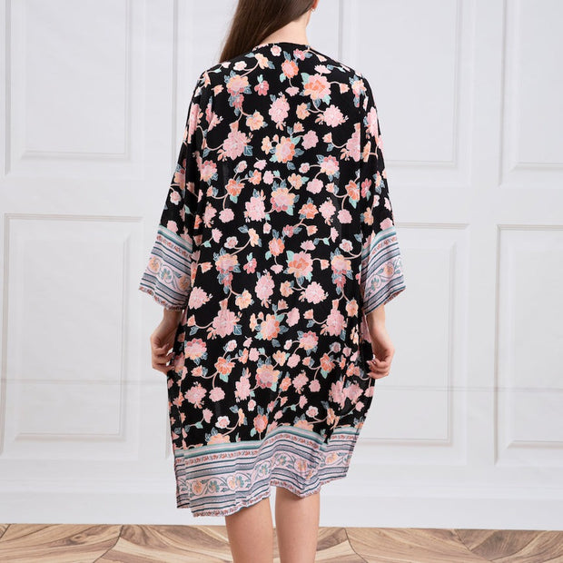 Pink Floral Kimono With Navy Background