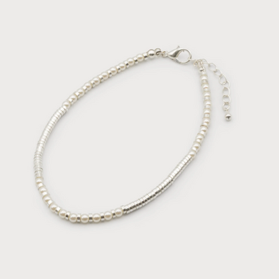 Pearl Anklet With  Silver Metal Beads 