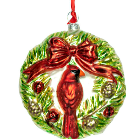 Red Hanging Wreath Glass Ornament with Cardinal