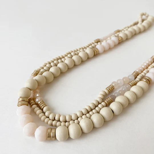 Wooden Bead Necklace with Pink & Gold