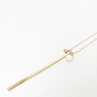 Long Gold Necklace with Rod and Pearl Cluster